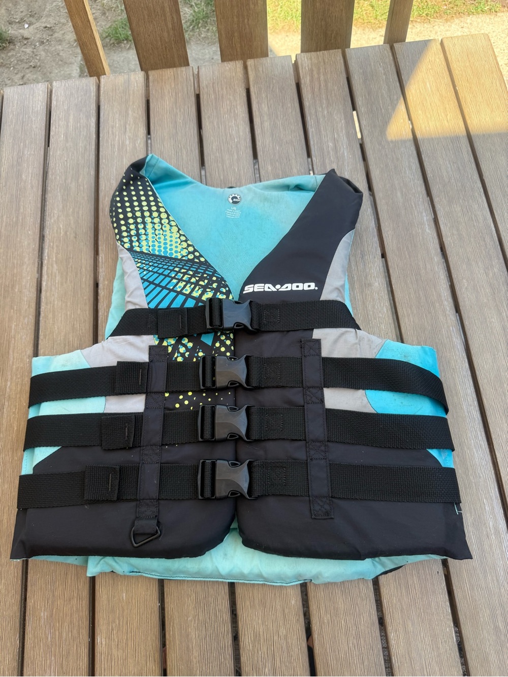 Sea-Doo Type III Adult Life Jacket PFD Large Aqua Black 4 Buckle USCG Approved